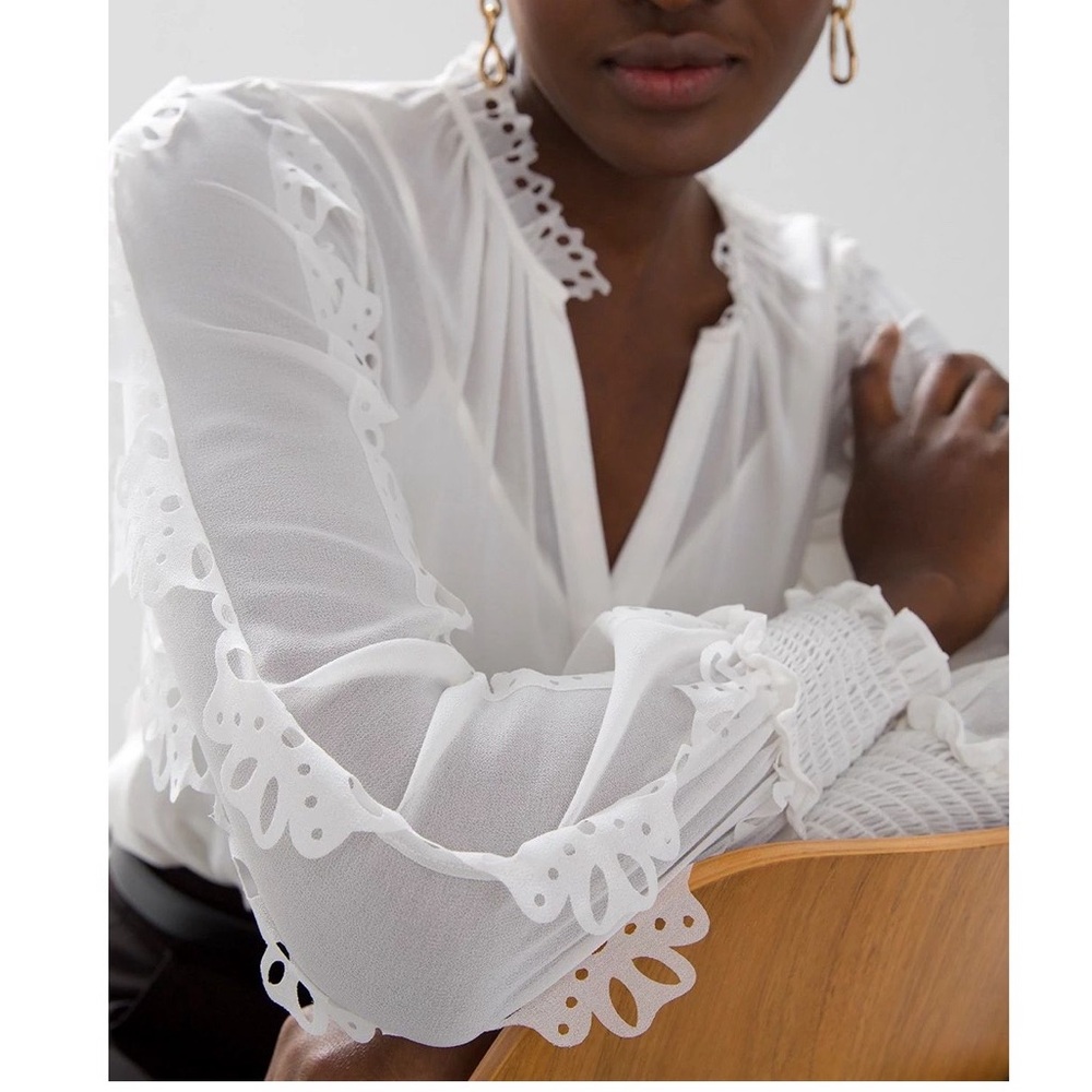 WHBM ECRU LASER CUT RUFFLE SLEEVE BLOUSE